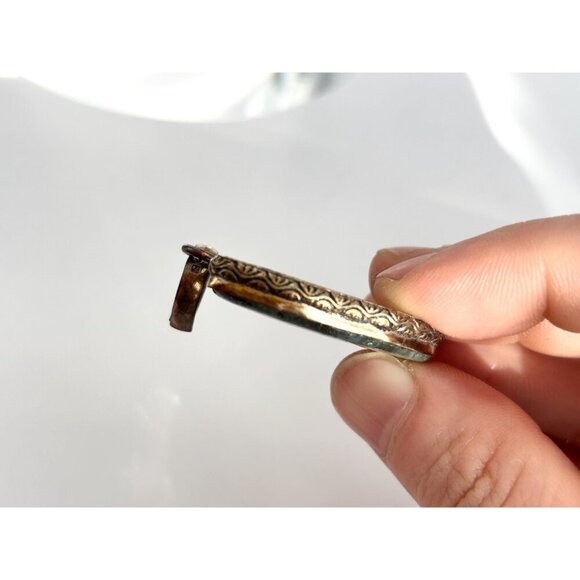 Moss Agate Geometric Gold Tint Gemstone Sterling Silver 925 Vintage Pendant - Picture 4 of 10